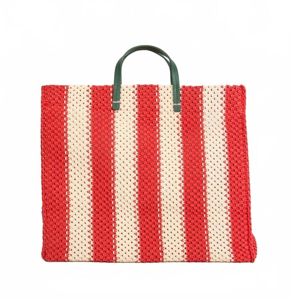 NEW CLARE V. summer simple poppy crochet stripe tote bag in cream/bright